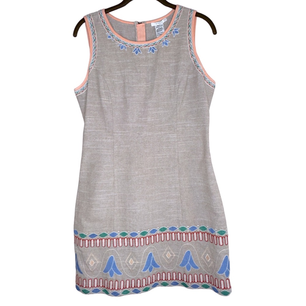 Esley Tan Floral Embroidered Trim Sleeveless Dress